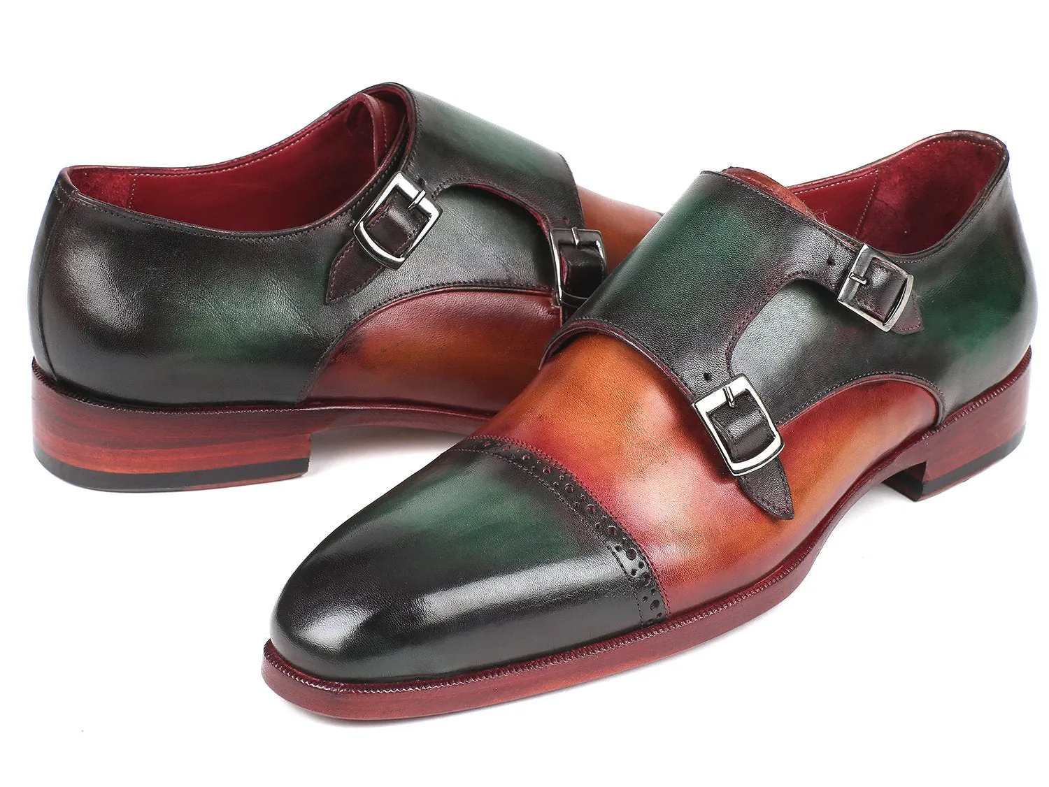 Paul Parkman Captoe Double Monkstraps in Green / Camel