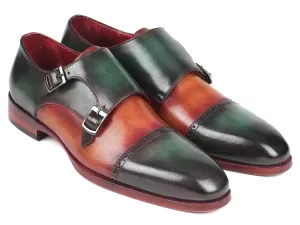 Paul Parkman Captoe Double Monkstraps in Green / Camel