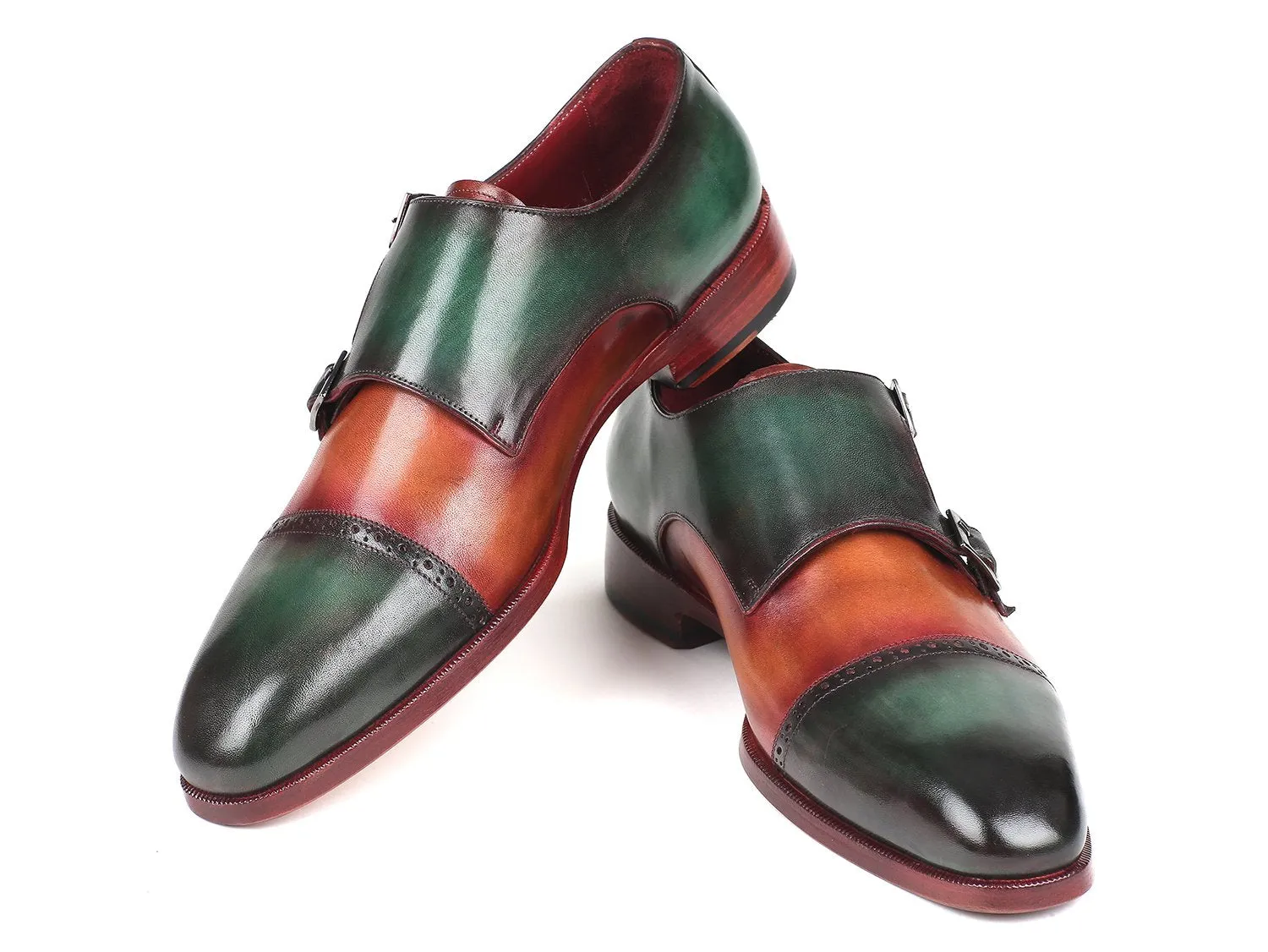 Paul Parkman Captoe Double Monkstraps in Green / Camel