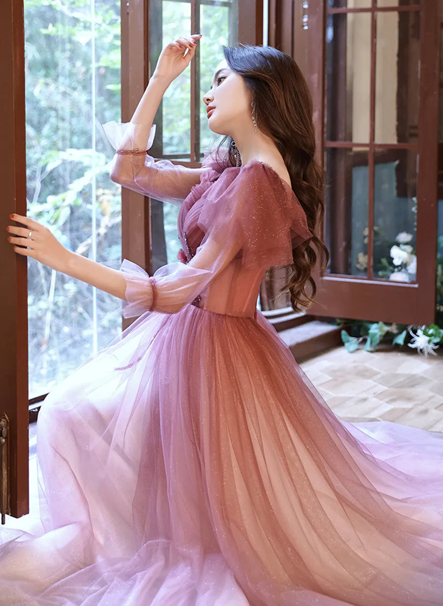 Pink Gradient Tulle A-line Puffy Sleeves Party Dress, Pink Long Prom Dress