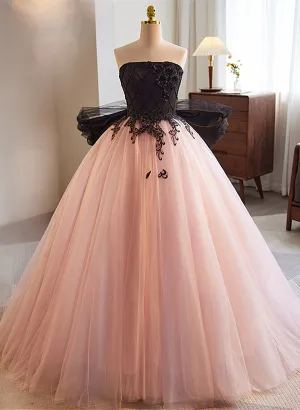 Pink Tulle Ball Gown with Lace and Beadings Party Dress, Pink Sweet 16 Dress