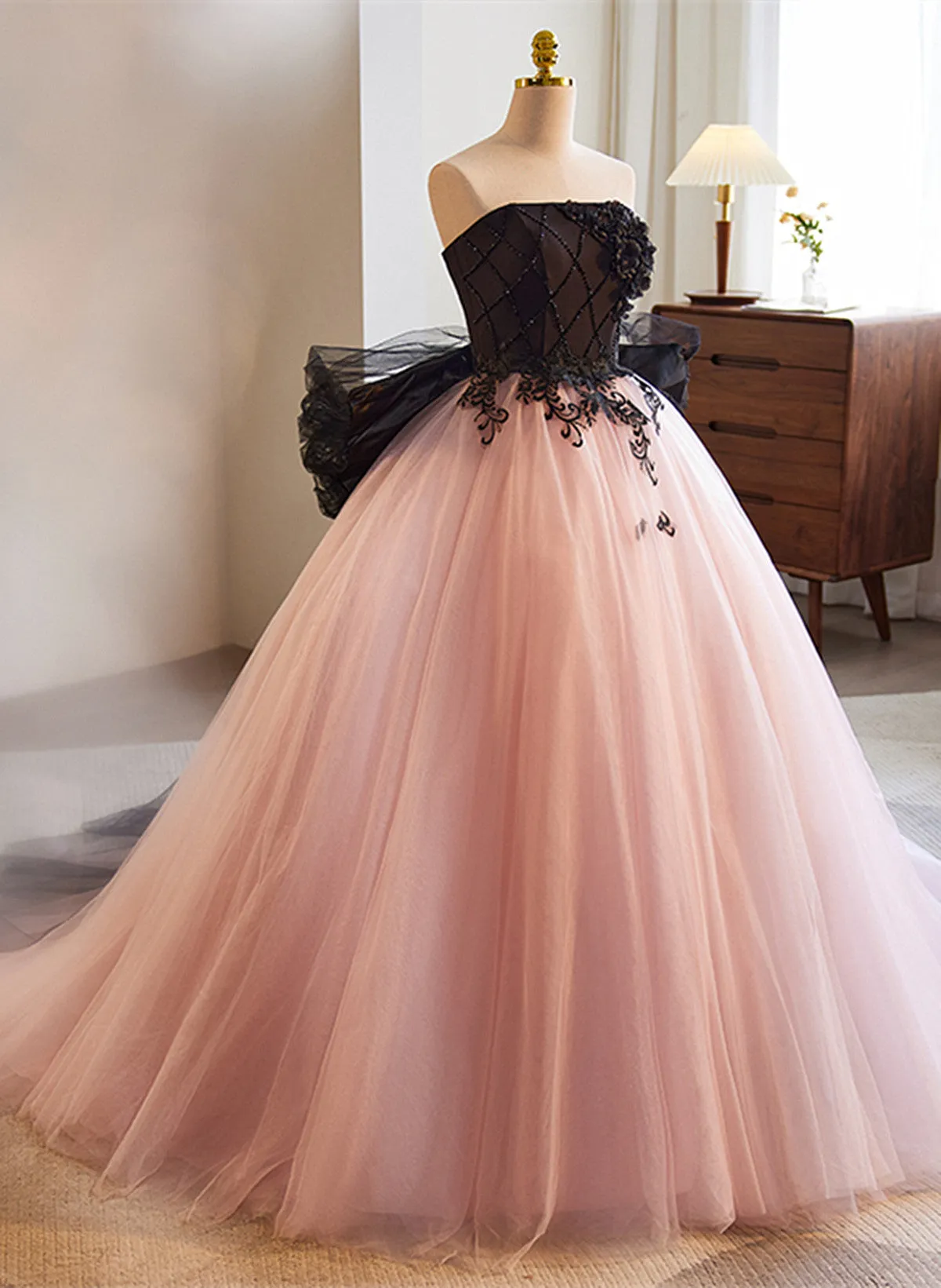 Pink Tulle Ball Gown with Lace and Beadings Party Dress, Pink Sweet 16 Dress