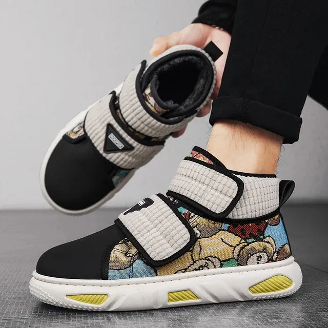 Plush Patchwork Bear Pattern High-Top Sneakers