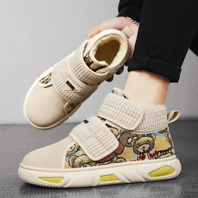 Plush Patchwork Bear Pattern High-Top Sneakers