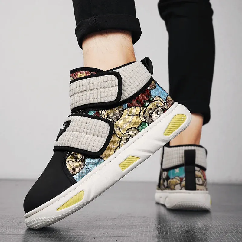 Plush Patchwork Bear Pattern High-Top Sneakers