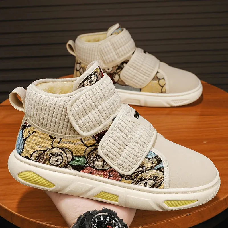 Plush Patchwork Bear Pattern High-Top Sneakers