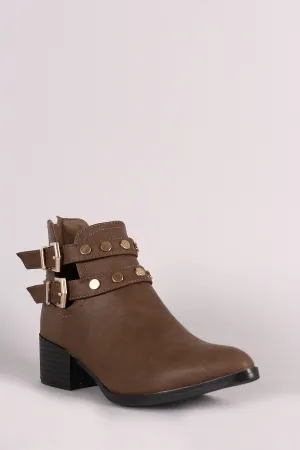 Qupid Almond Toe Studded Double Buckle Booties