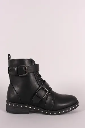 Qupid Studded Midsole Double Straps Combat Boots