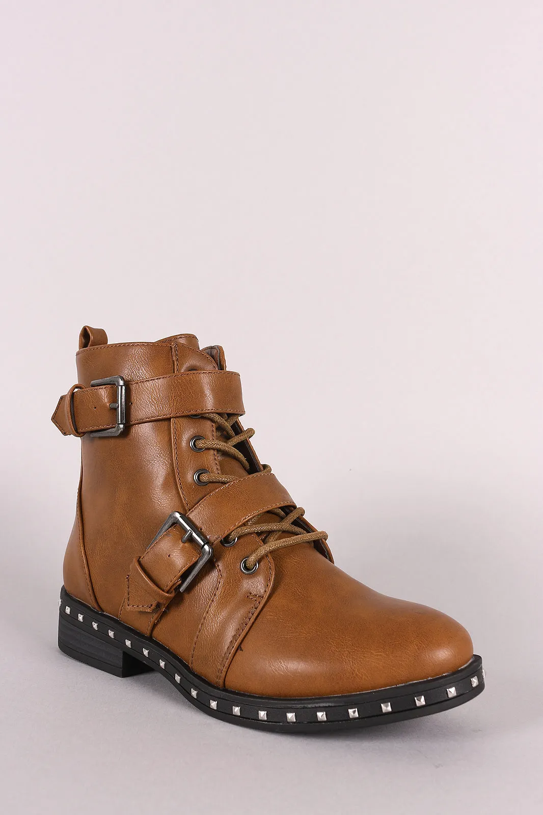 Qupid Studded Midsole Double Straps Combat Boots