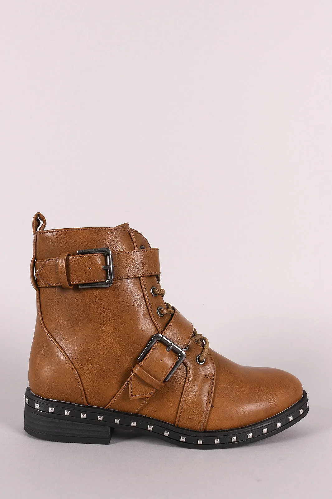 Qupid Studded Midsole Double Straps Combat Boots