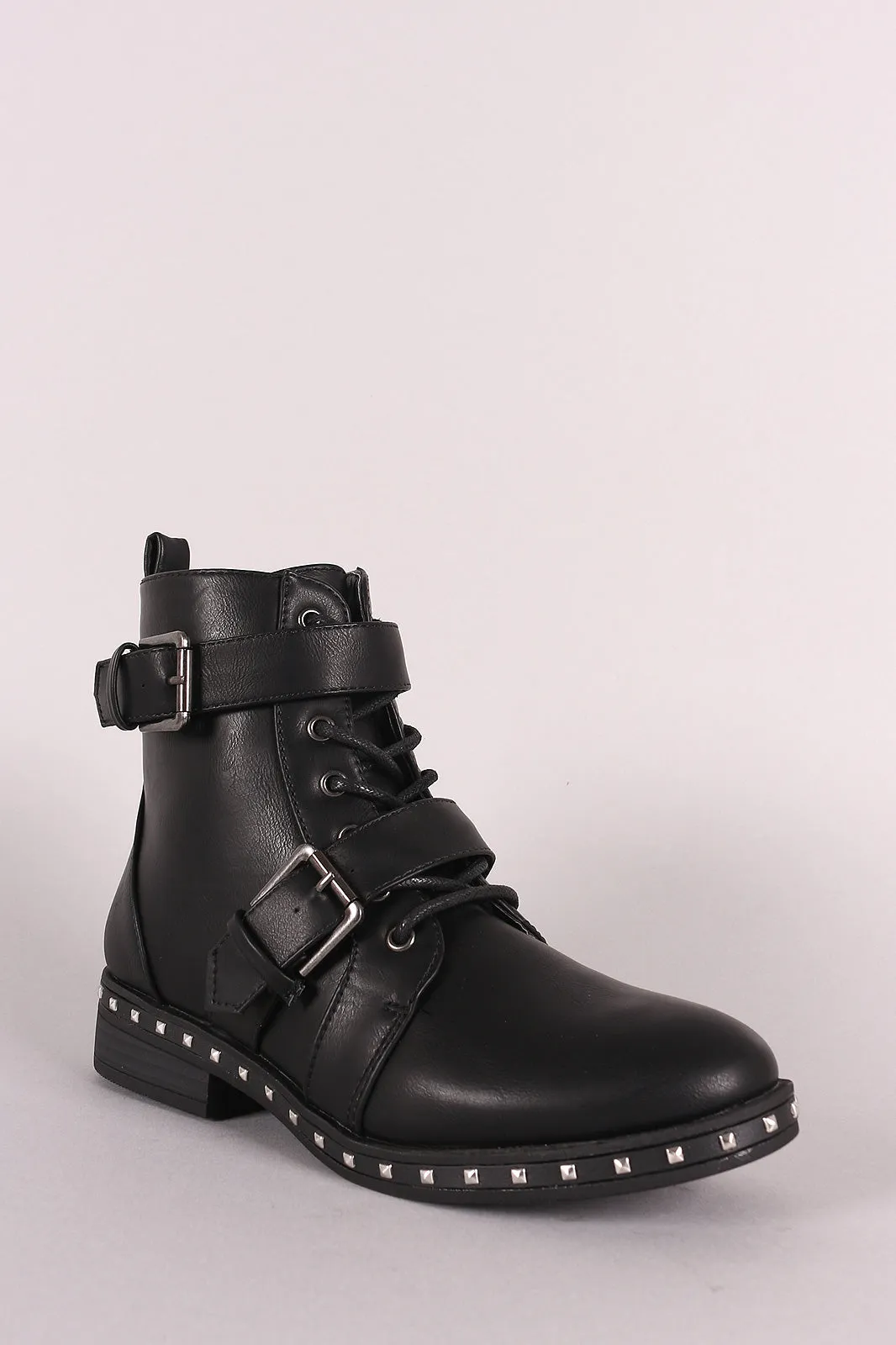 Qupid Studded Midsole Double Straps Combat Boots