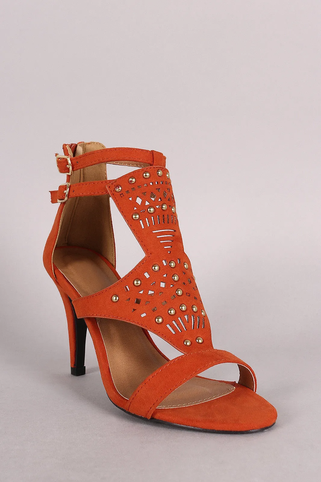 Qupid Suede Perforated And Studded Open Toe Heel