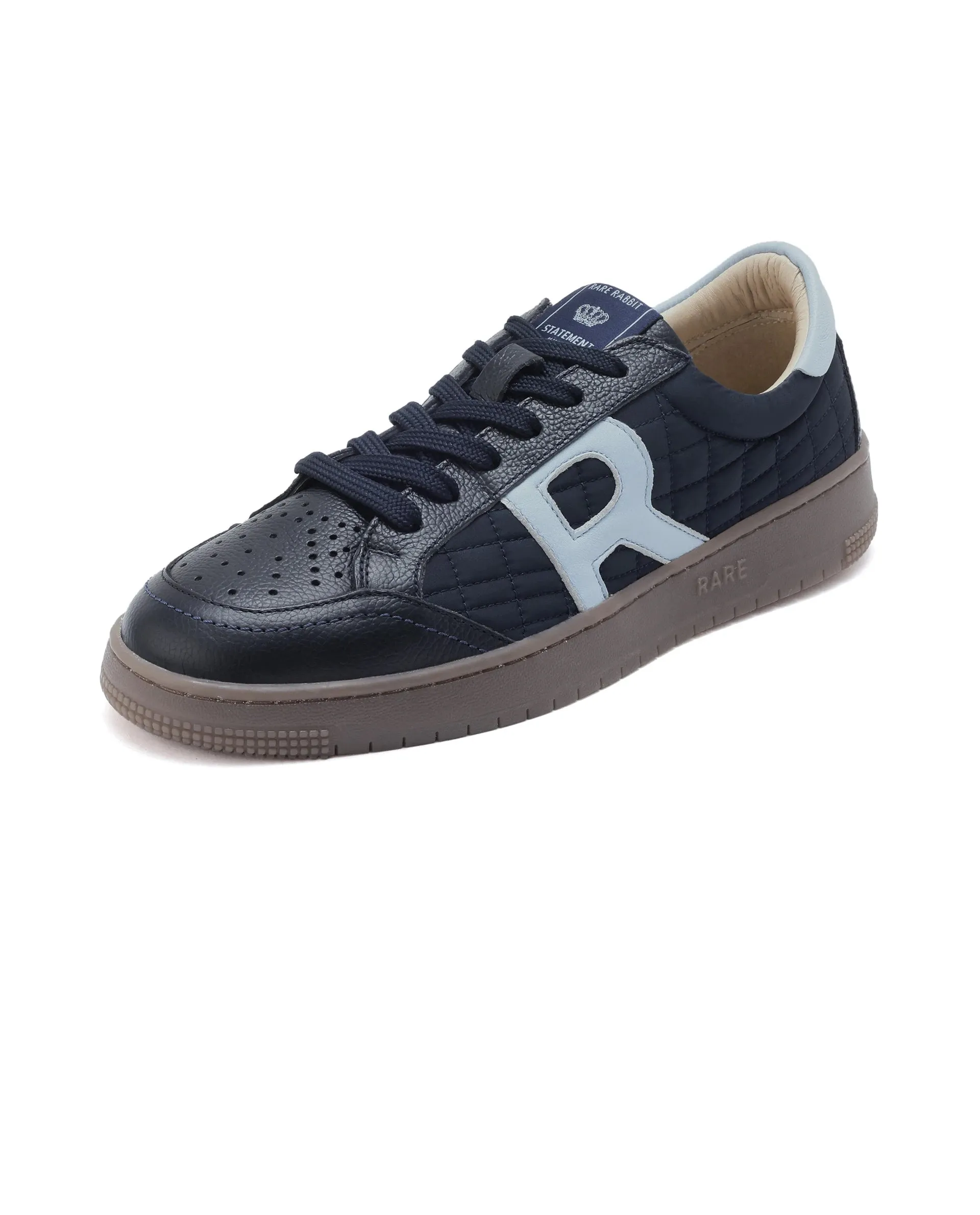 Rare Rabbit Men Quilt Navy Parachute Fabric with Milled Leather Low-Top Lace Up Quilted Sneaker Shoes