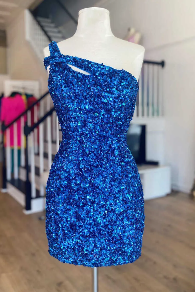 Royal Blue Sequins One-Shoulder Keyhole Mini Homecoming Dresses