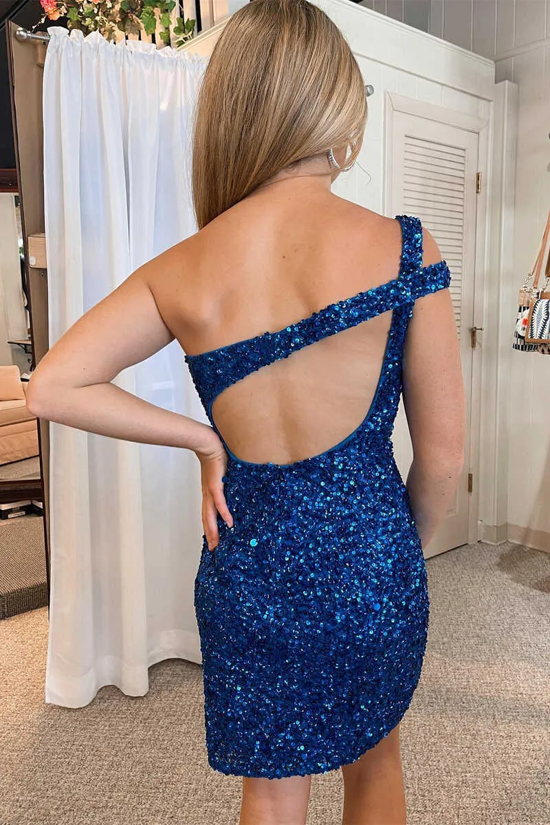 Royal Blue Sequins One-Shoulder Keyhole Mini Homecoming Dresses