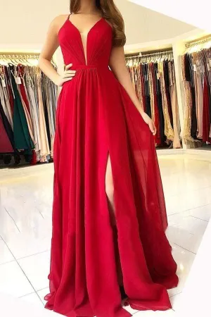 Sexy Chiffon Red Halter Side Slit Long Evening Prom Dresses PG708