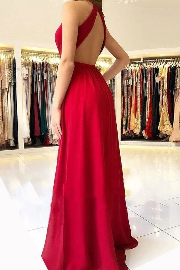 Sexy Chiffon Red Halter Side Slit Long Evening Prom Dresses PG708