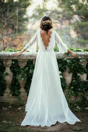 Sexy Ivory Lace 3/4 Long Sleeve Backless Summer Chiffon Plus Size Beach Wedding Dress OK271