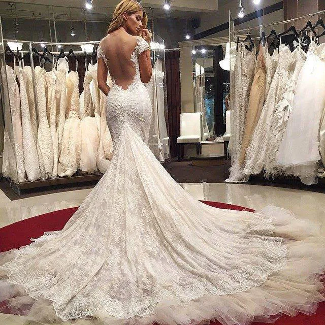 Sexy Mermaid Lace Wedding Dress new Cap Sleeves Appliques Bridal Gowns OK106