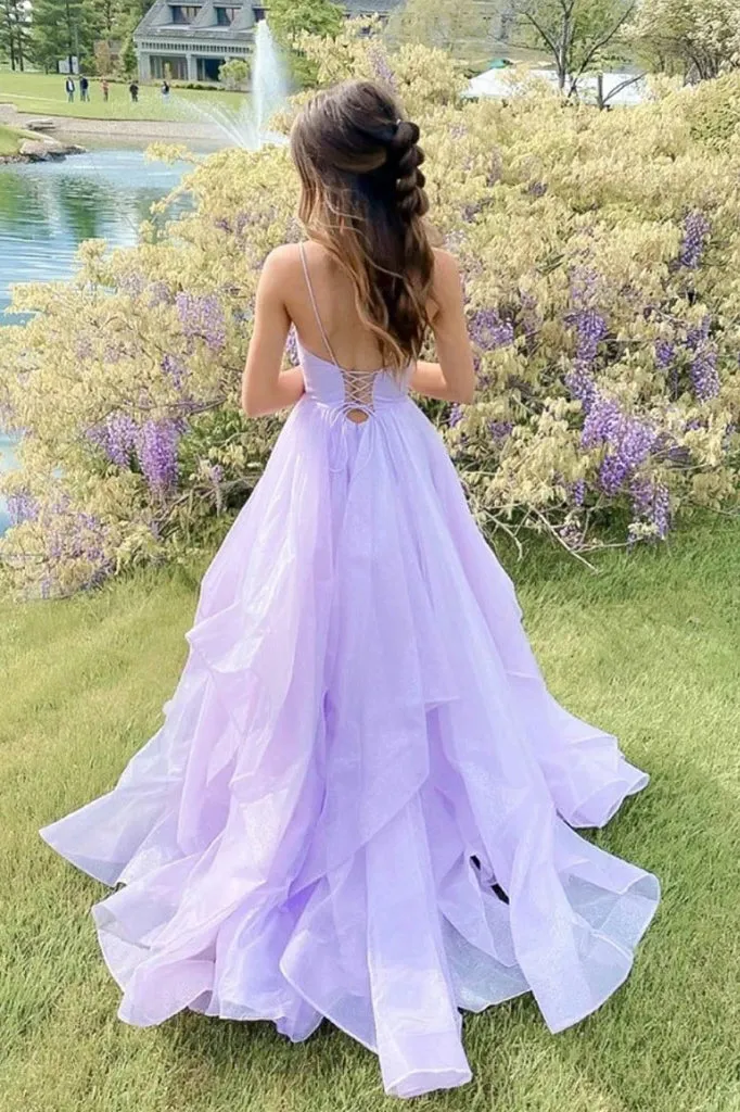 Shiny V Neck Fluffy Lavender Long Prom Dress, Long Formal Evening Dress UQP0037