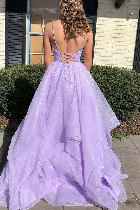 Shiny V Neck Fluffy Lavender Long Prom Dress, Long Formal Evening Dress UQP0037