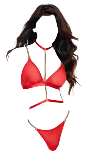 Shirley of Hollywood Sheer Mesh Bra with Chain Detail & Panty Red