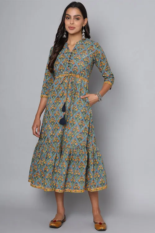 Shuddhi Powder Blue With Mustard Dress