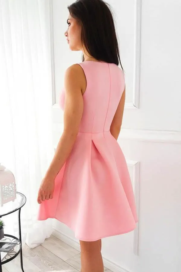 Simple A-Line V-Neck Short Pleated Pink Satin Homecoming Dress PD099