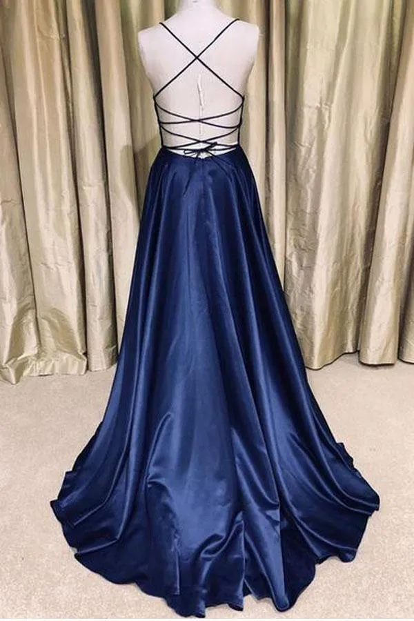 Simple Dark Green Satin Long V Neck Prom Dress  Evening Dress  PSK105