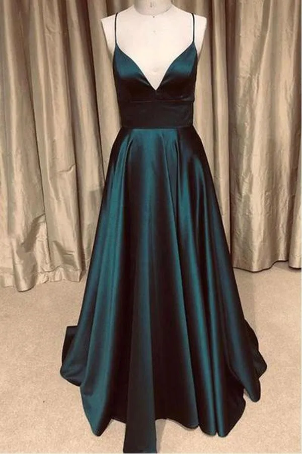 Simple Dark Green Satin Long V Neck Prom Dress  Evening Dress  PSK105