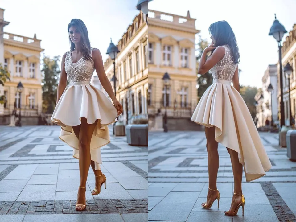 Simple High Low V Neck Lace Satin Homecoming Dresses Straps Short Cocktail Dresses