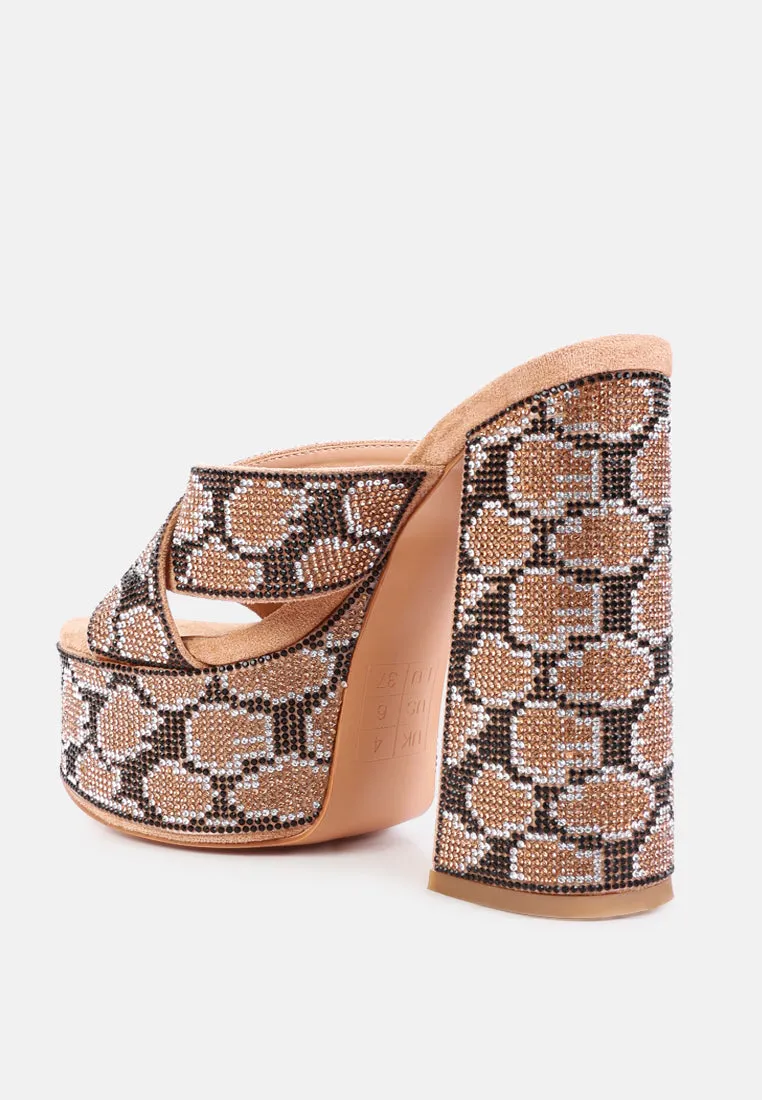 Sinful High Platform Patterned Diamante Slides