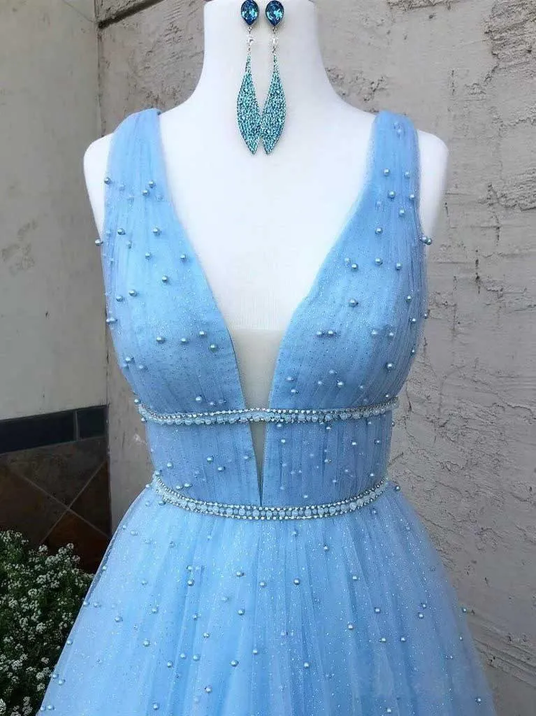 Sky Blue V Neck Beaded Long Prom Dresses Pearls Tulle Cute Prom Dress PG836