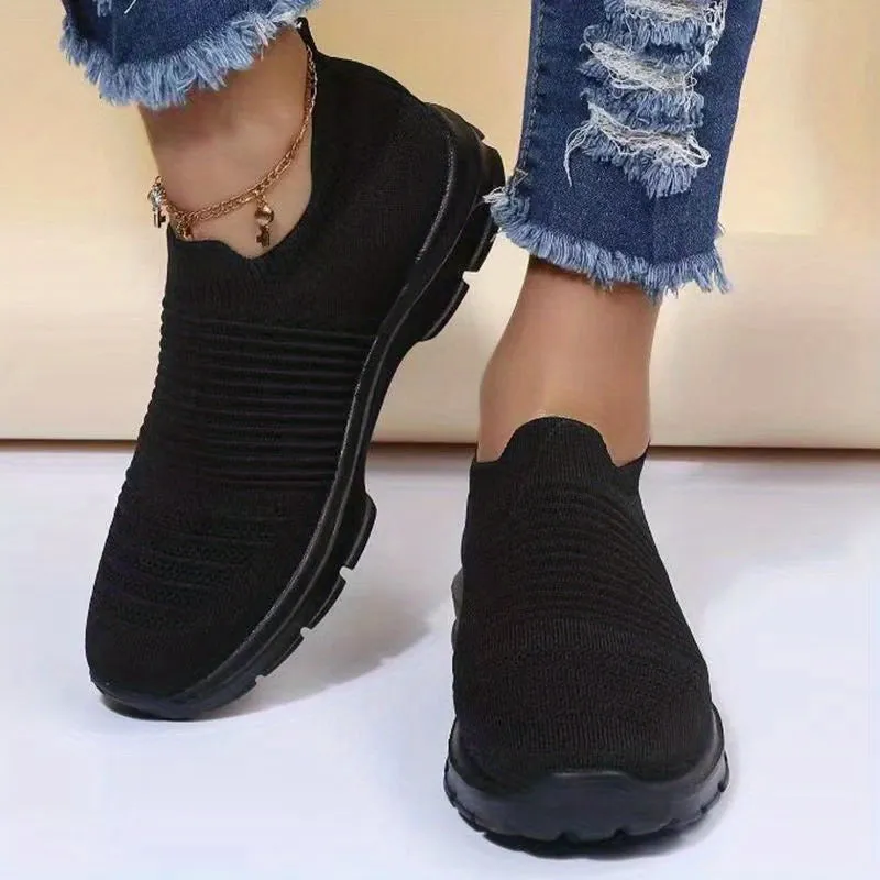 Soft & Breathable Womens Knit Sneakers - Slip-On Design, Fabric Upper, PU Faux Leather Sole, Low Top, Solid Color, Comfortable and Airy for All-Season Wear