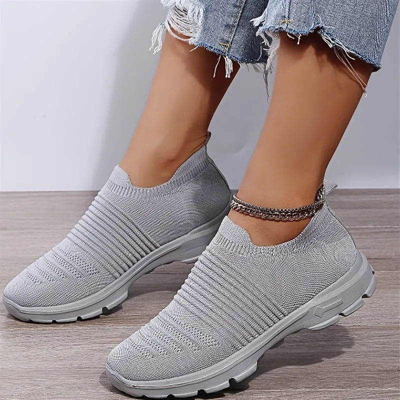 Soft & Breathable Womens Knit Sneakers - Slip-On Design, Fabric Upper, PU Faux Leather Sole, Low Top, Solid Color, Comfortable and Airy for All-Season Wear