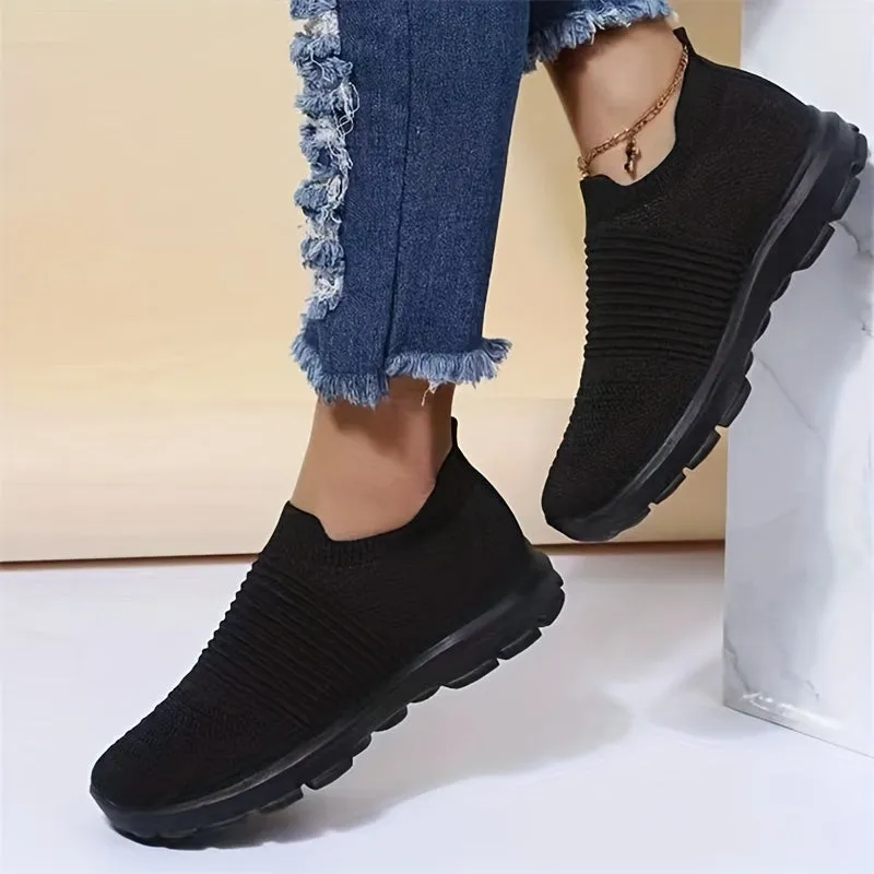 Soft & Breathable Womens Knit Sneakers - Slip-On Design, Fabric Upper, PU Faux Leather Sole, Low Top, Solid Color, Comfortable and Airy for All-Season Wear