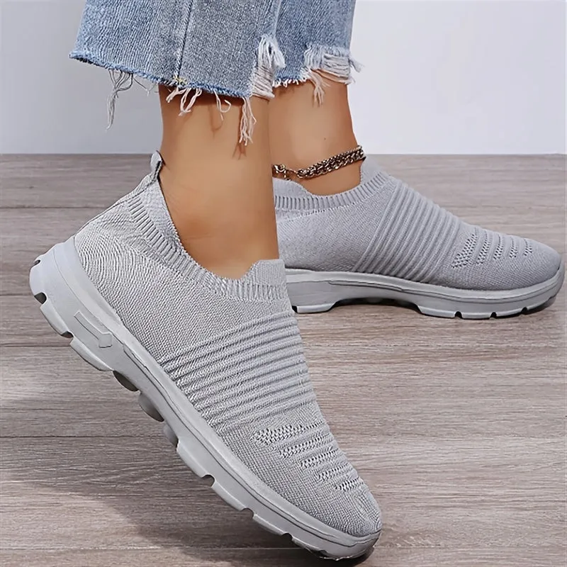 Soft & Breathable Womens Knit Sneakers - Slip-On Design, Fabric Upper, PU Faux Leather Sole, Low Top, Solid Color, Comfortable and Airy for All-Season Wear