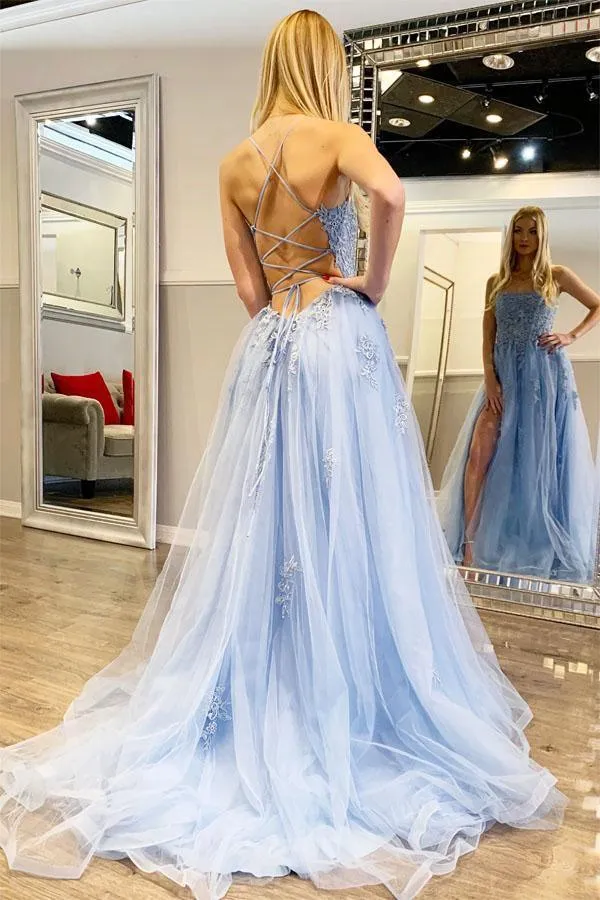 Spaghetti Straps Light Blue Long Prom Dress With Appliques PSK176