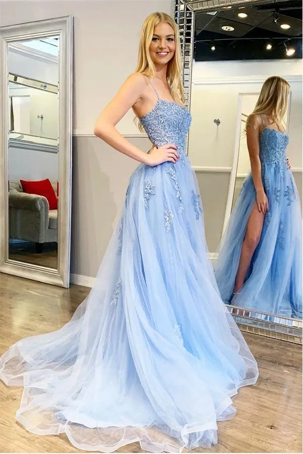 Spaghetti Straps Light Blue Long Prom Dress With Appliques PSK176