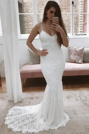 Spaghetti Straps Mermaid All Over Lace Ivory Wedding Dress WD061