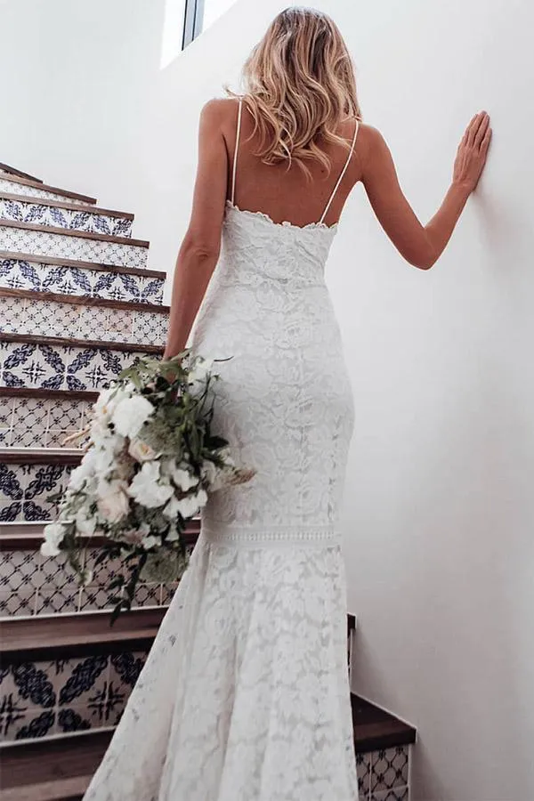 Spaghetti Straps Mermaid All Over Lace Ivory Wedding Dress WD061