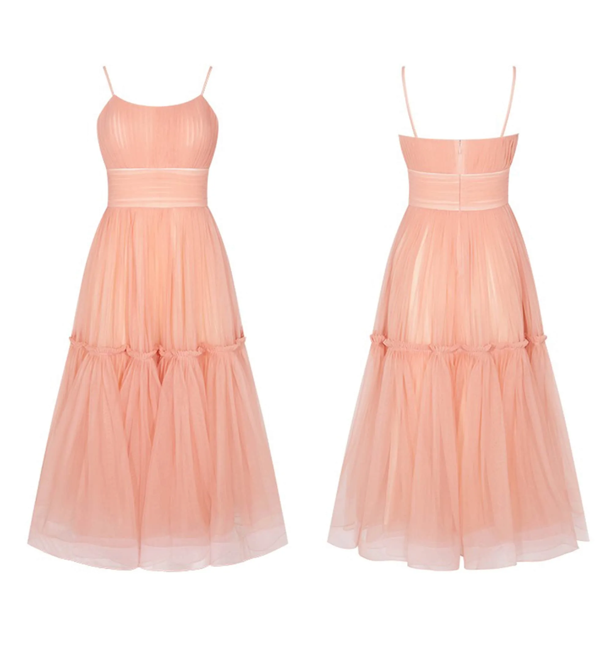 Spaghetti-straps ruched bodice layered skirt tea length tulle prom dress