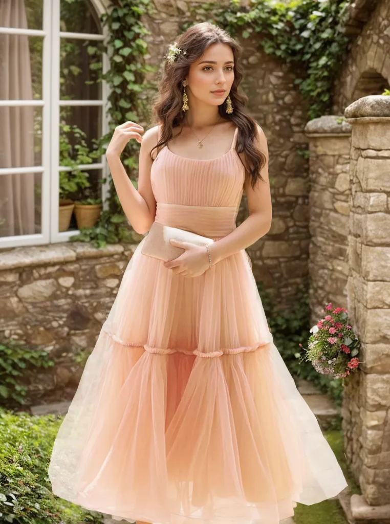 Spaghetti-straps ruched bodice layered skirt tea length tulle prom dress