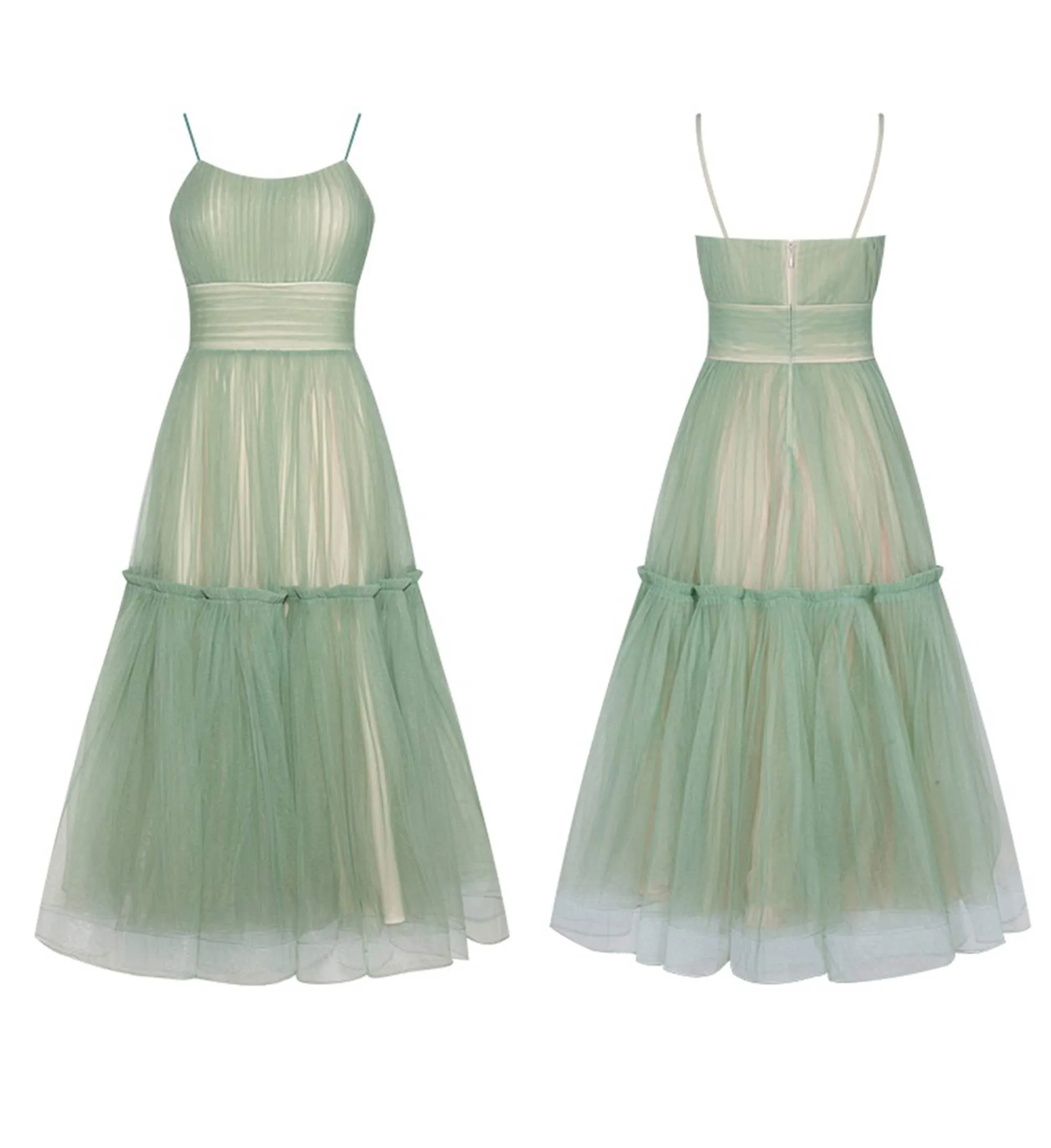 Spaghetti-straps ruched bodice layered skirt tea length tulle prom dress