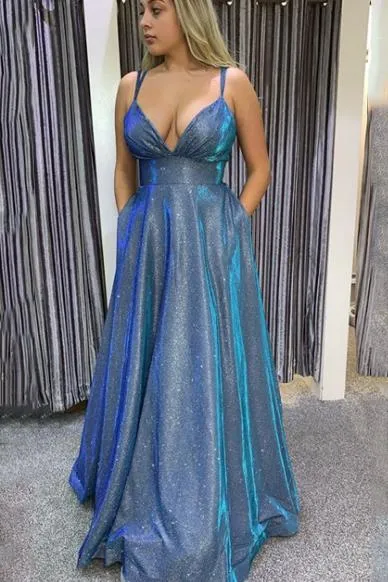 Sparkly Long Prom Dresses With Pockets,Formal Dresses A-line Blue Formal Dress