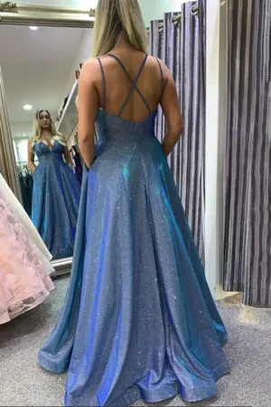 Sparkly Long Prom Dresses With Pockets,Formal Dresses A-line Blue Formal Dress