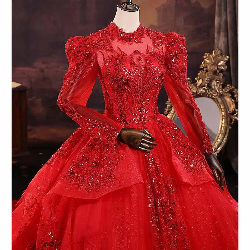 Sparkly Red Long Sleeve Gown Wedding Dresses High Neck Ball Gowns