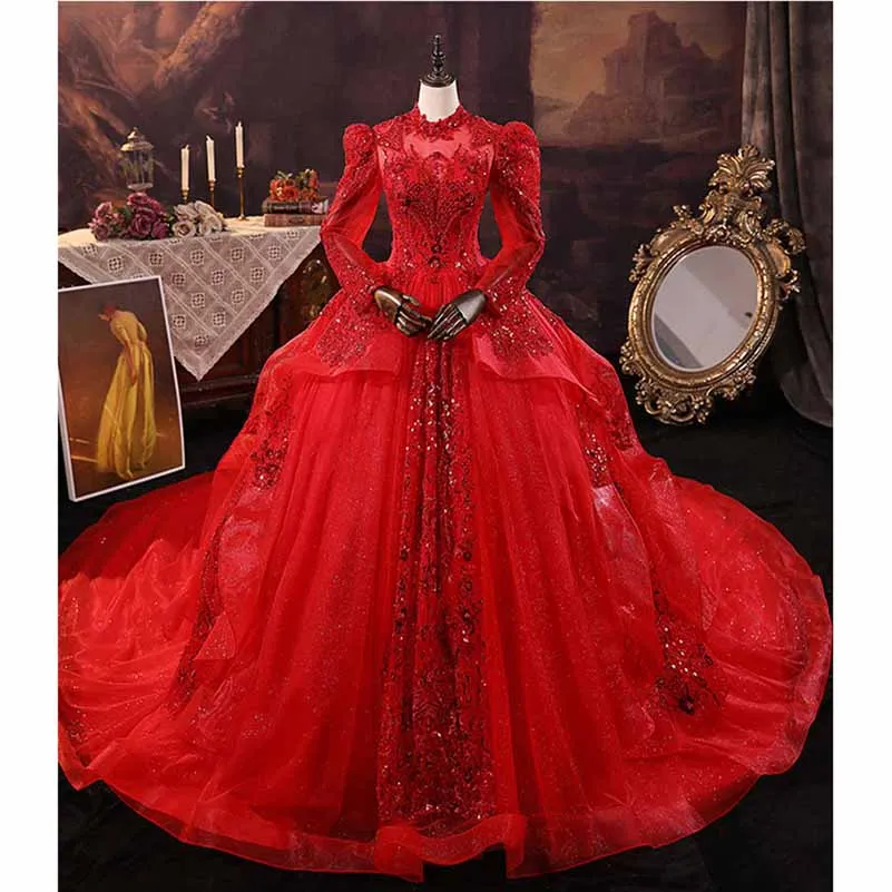 Sparkly Red Long Sleeve Gown Wedding Dresses High Neck Ball Gowns