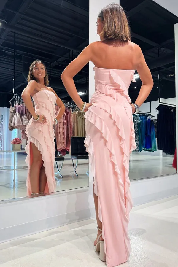 Strapless Ruffle Chiffon Pink Bridesmaid Dress with Slit BD121