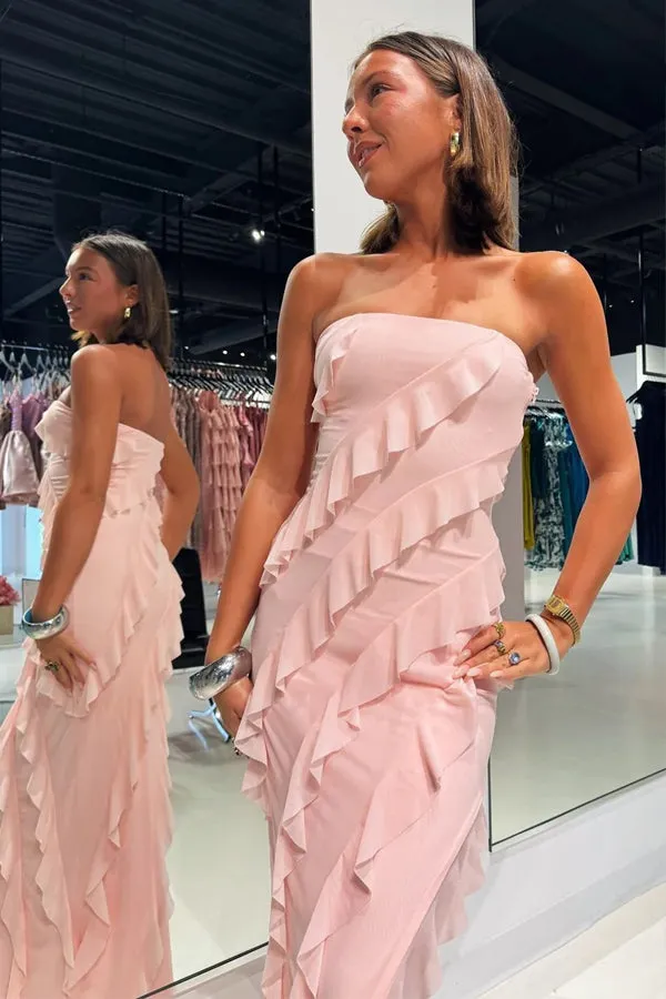 Strapless Ruffle Chiffon Pink Bridesmaid Dress with Slit BD121